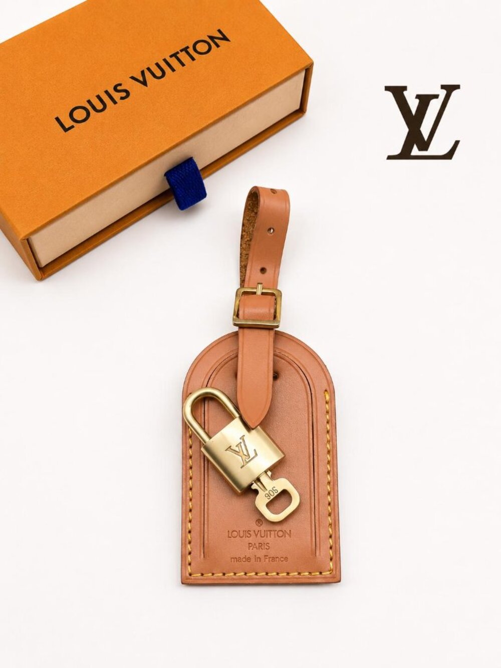 Authentic Louis Vuitton LV Large Brown Luggage Tag Gold Padlock Key w/ Box